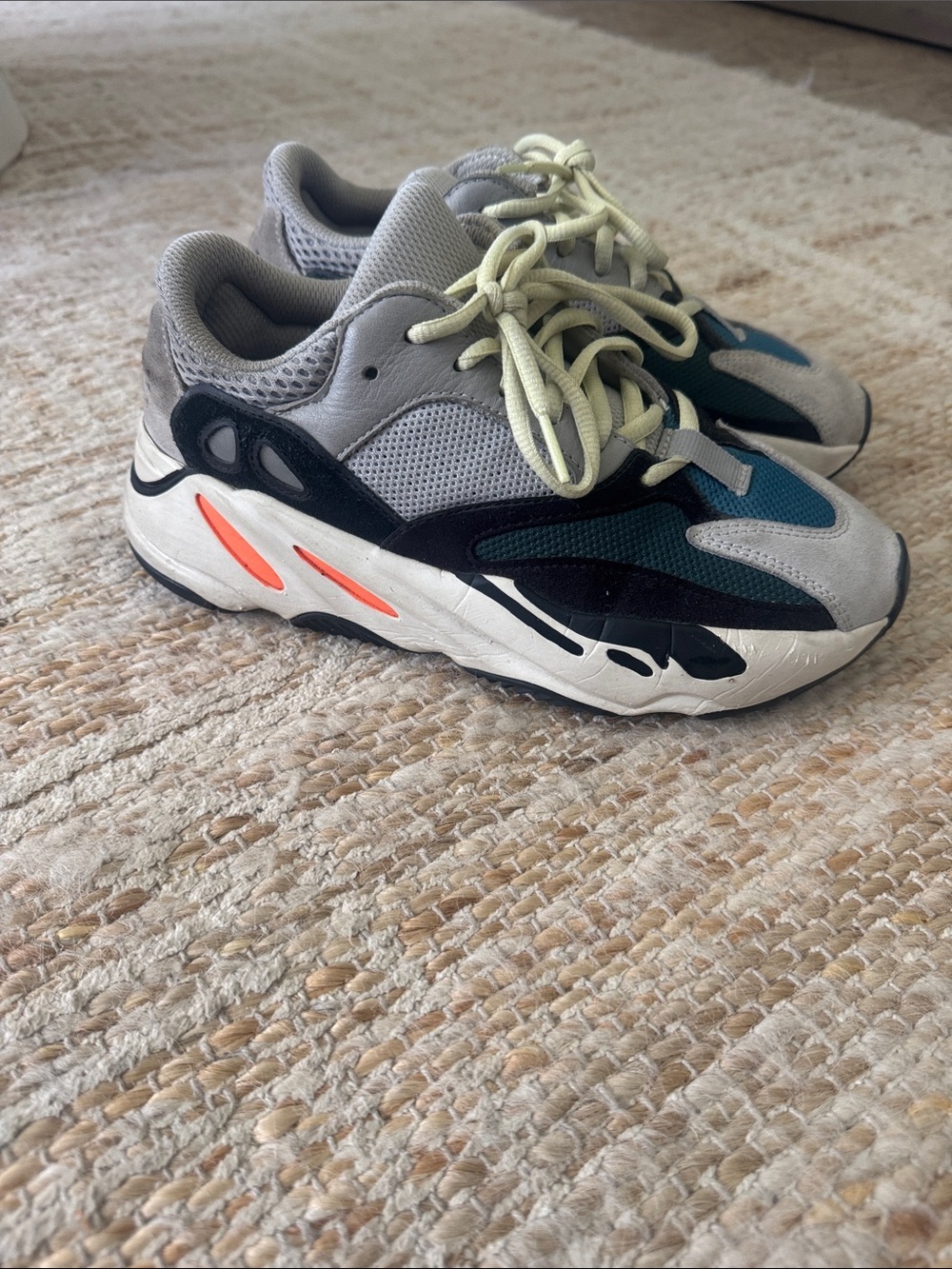 Authentic Yeezy 700 boost Grey and Teal Athletic Sneakers with Neon Accent